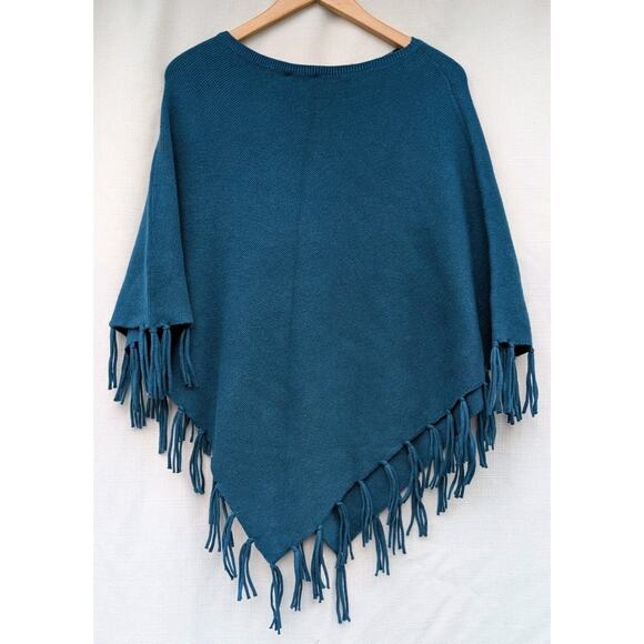 J Jill Womens poncho sweater S-L fringe cotton teal blue boho minimalist Tassels - Picture 4 of 4
